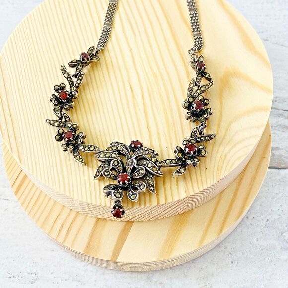 Gorgeous Sterling Silver Marcasite Garnet Necklace 20 In Long January Birthstone - Picture 4 of 16